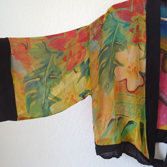 Chico's 1 S-XL Oversize Colorful 100% Silk Tropical Art-to-Wear Kimono Jacket - Picture 3 of 6